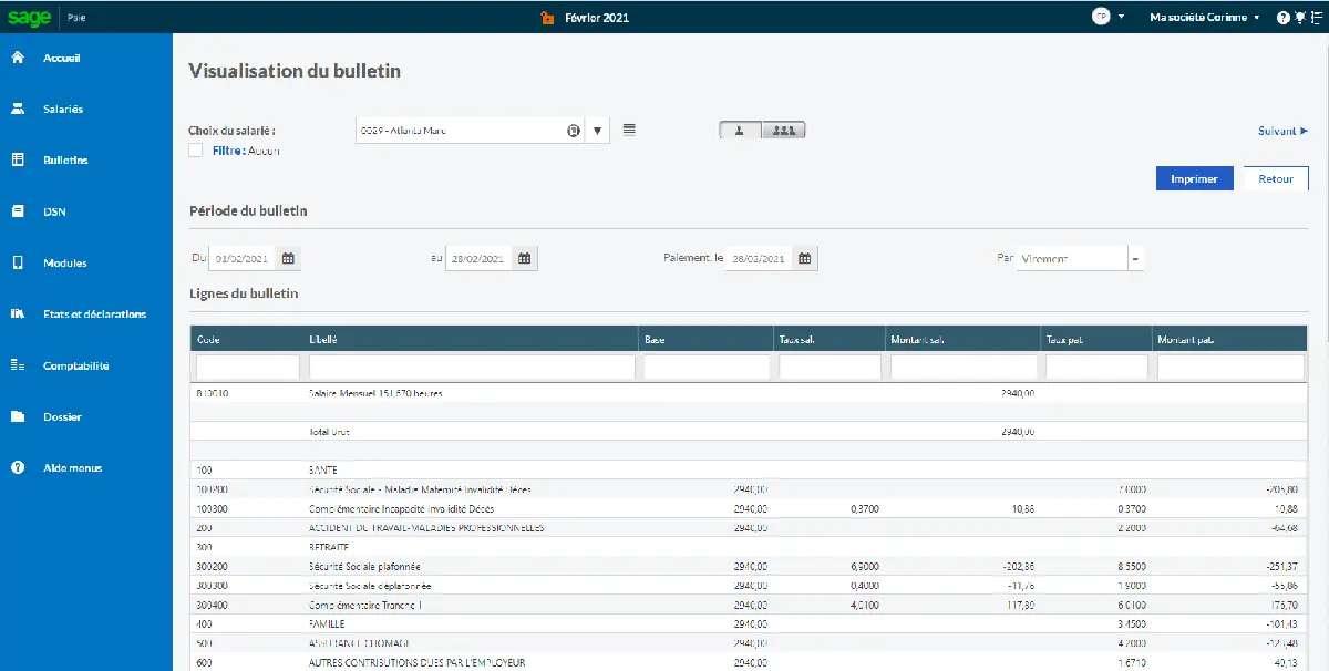 Capture d'écran de la génération de bulletin de paie dans Sage Business Cloud Paie