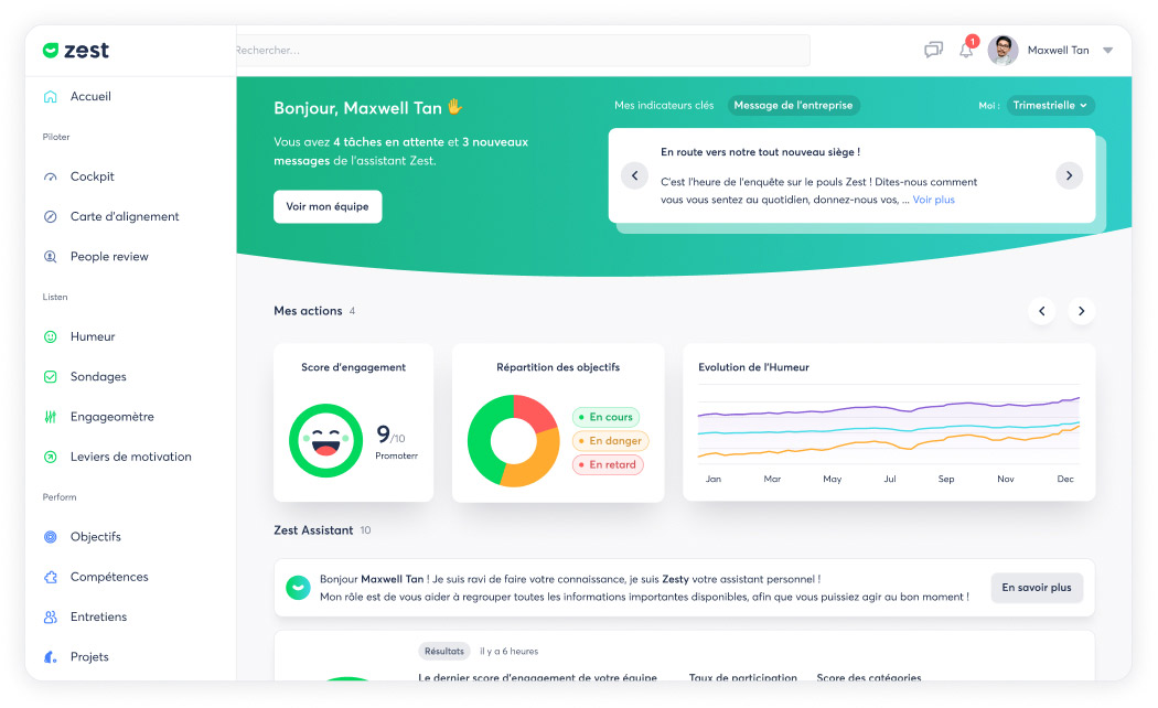 Capture d'ecran du tableau de bord Zest pour l'engagement collaborateur